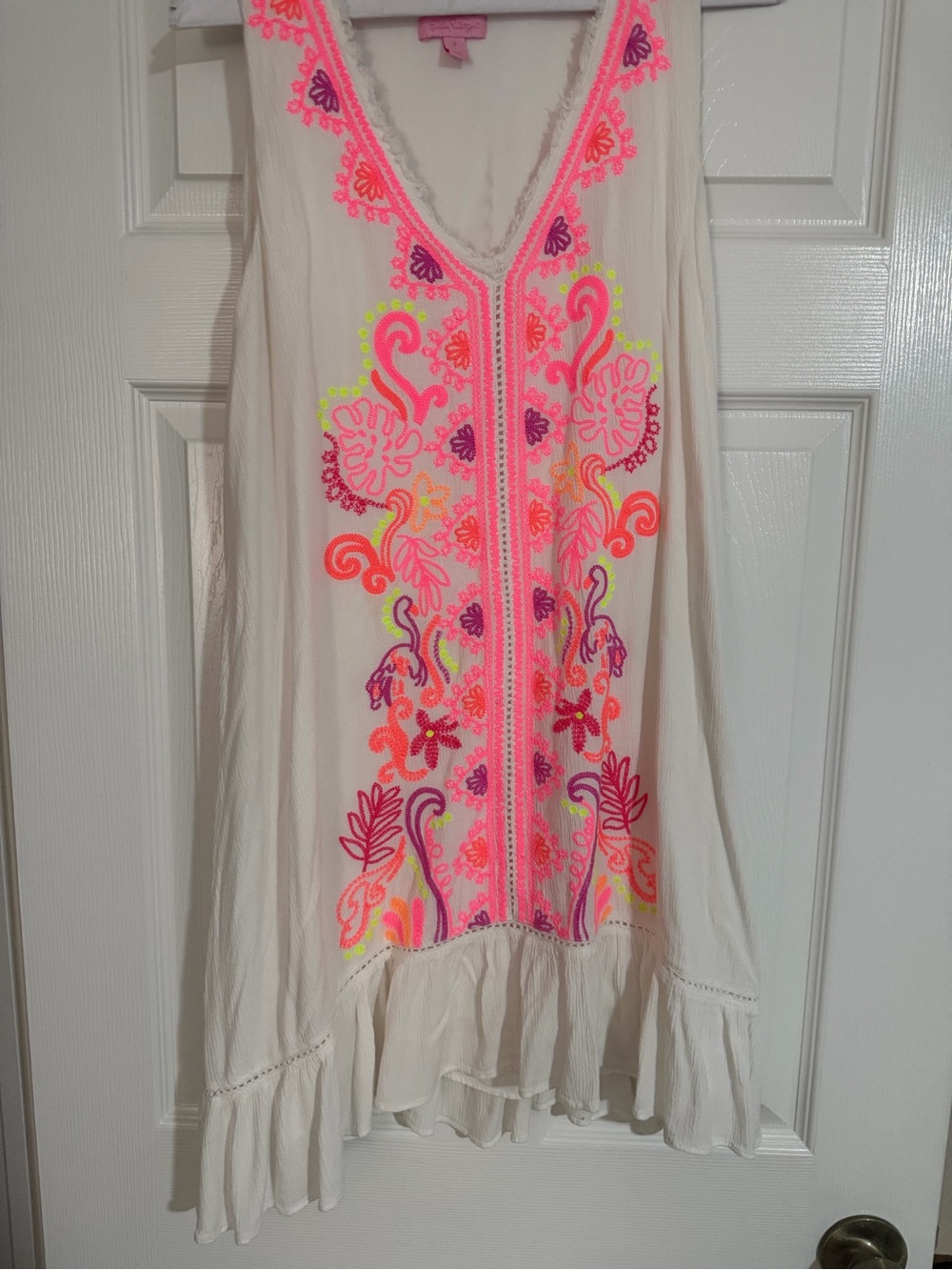Lilly Pulitzer White Mini Dress with Neon Pink & Coral Embroidery